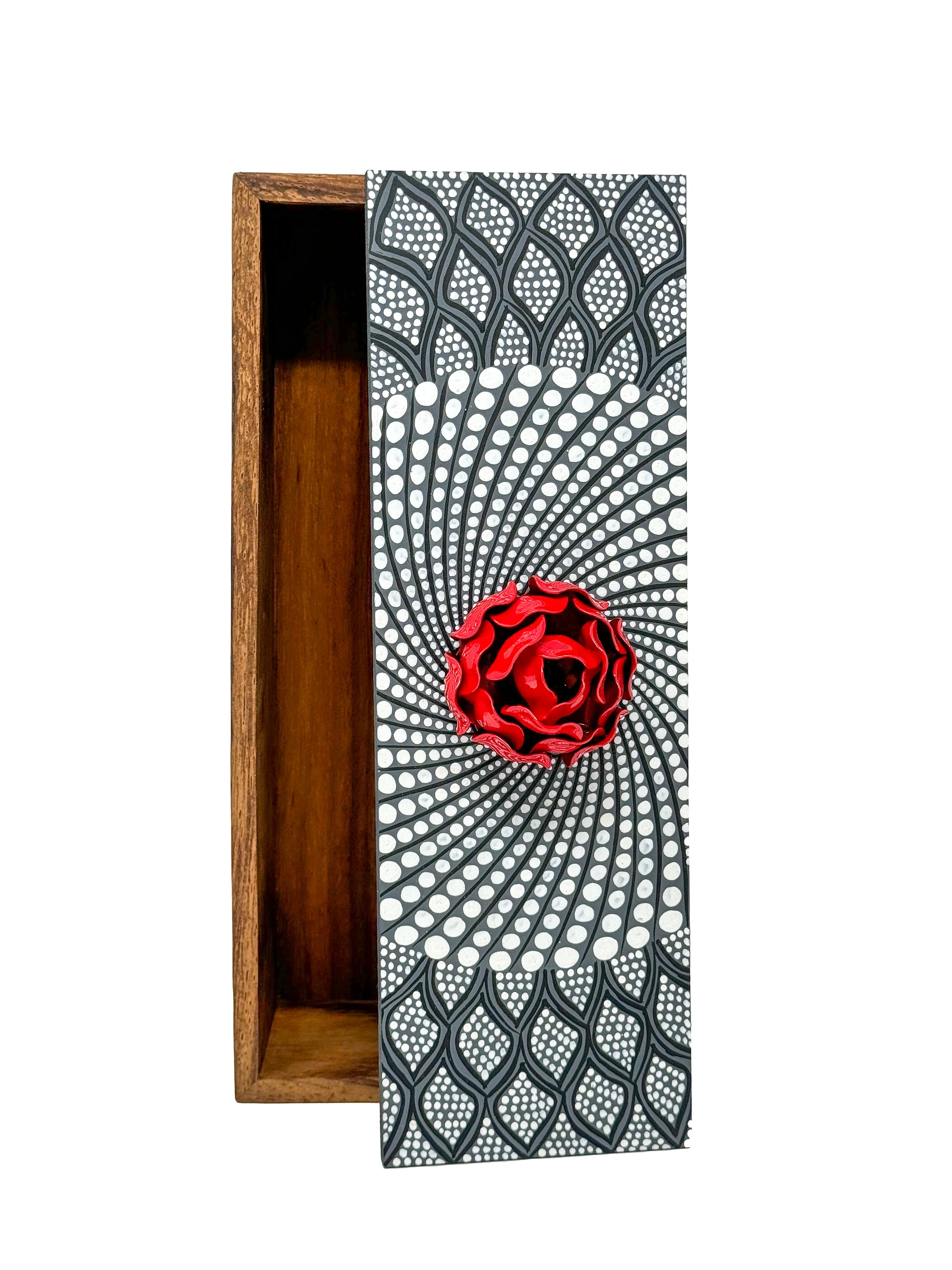 Black and White Decorative Box with Red Floral Accent