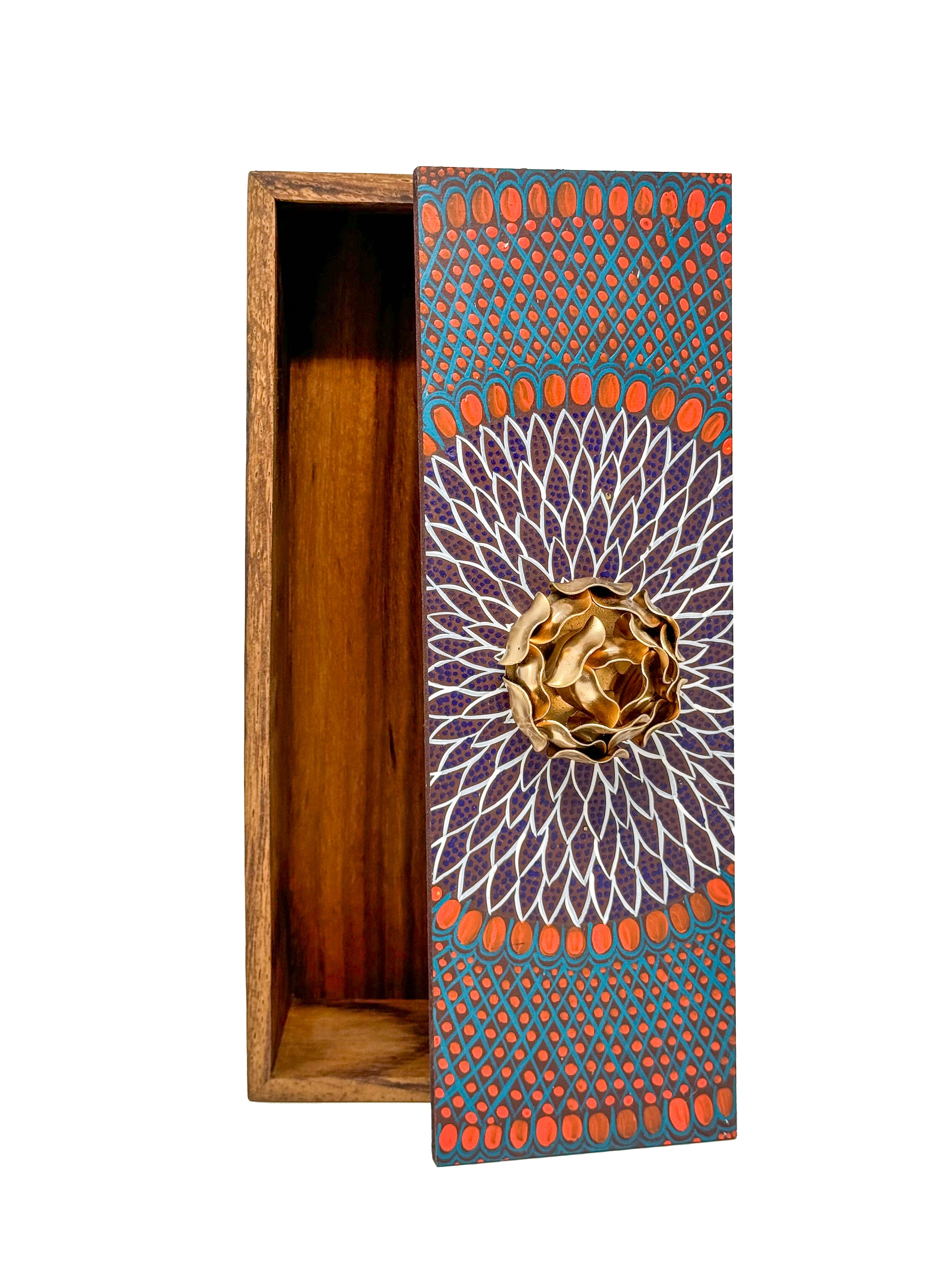 Orange and Blue Decorative Box with Gold Floral Accent