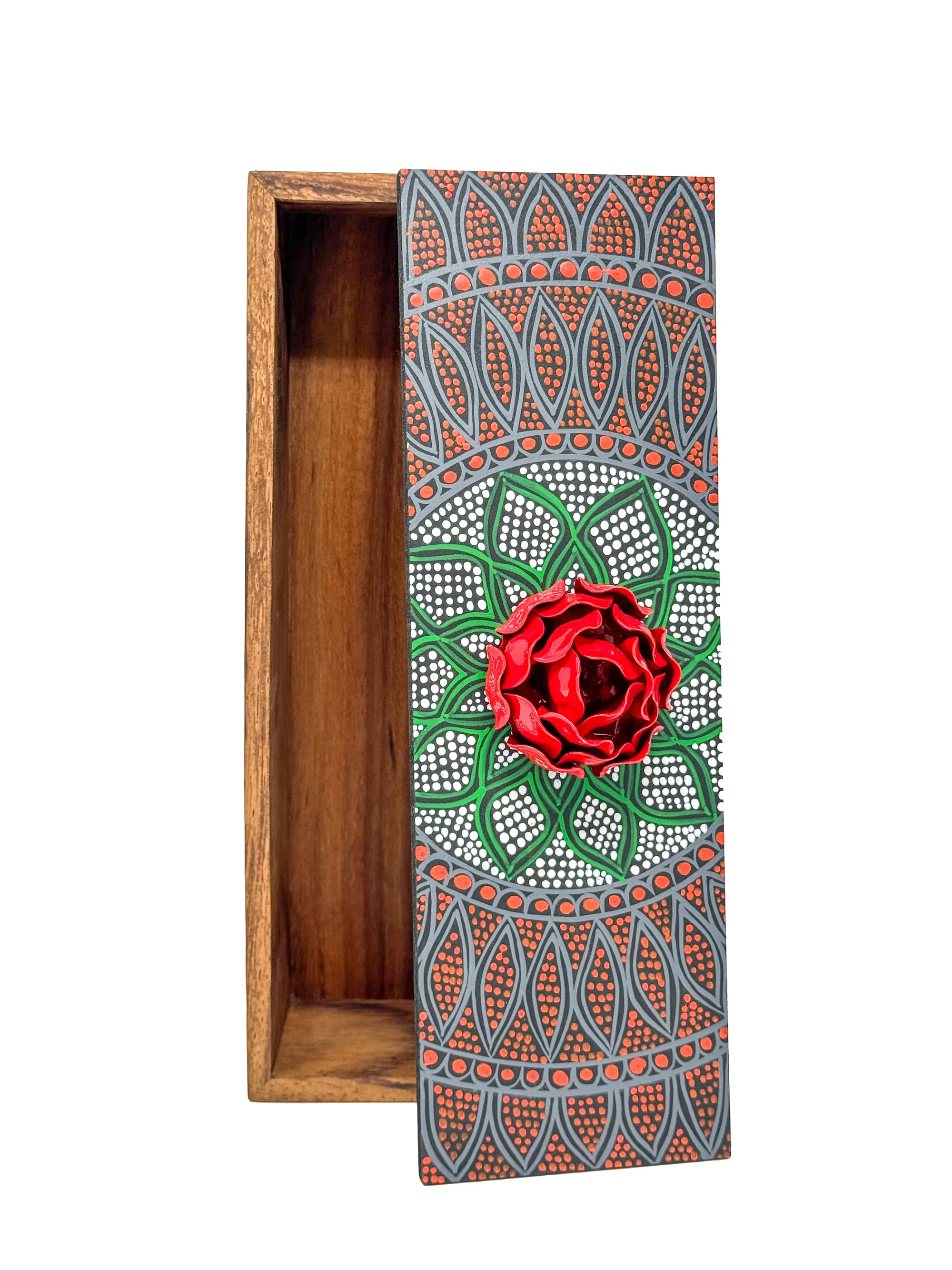 Orange and Green Decorative Box with Red Floral Accent