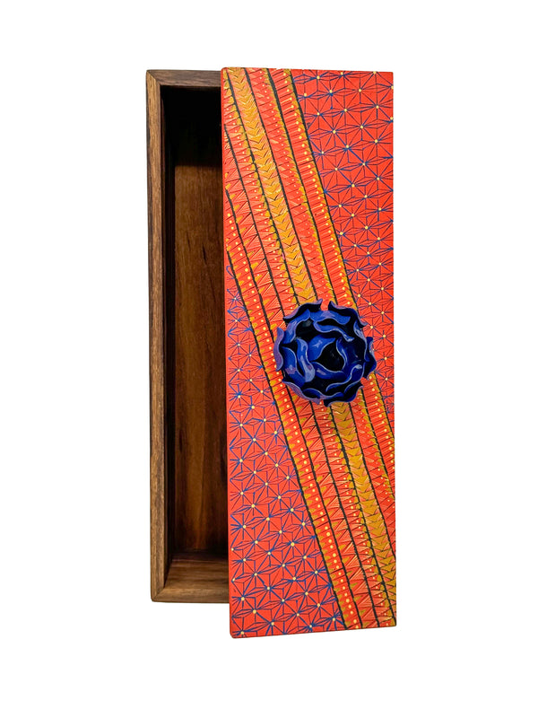 Orange and Blue Decorative Box with Navy Floral Accent