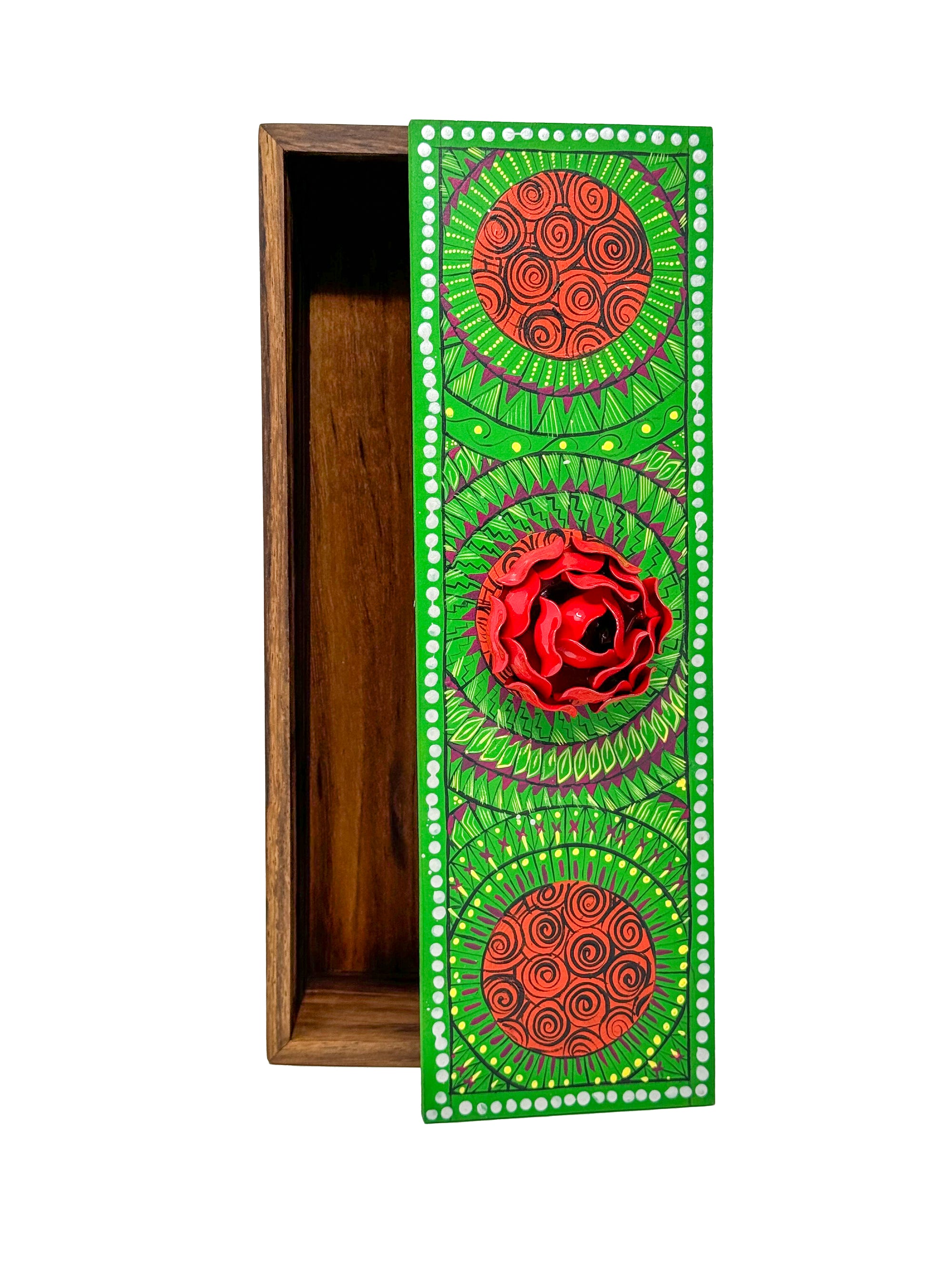 Green and Red Decorative Box with Red Floral Accent